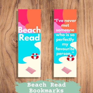 Puede incluir: Dos marcapáginas coloridos con temática de playa. Uno dice "Beach Read" con un gráfico de salvavidas y toalla de playa. El otro dice "I've never met someone who is so perfectly my favourite person" con un gráfico de salvavidas.
