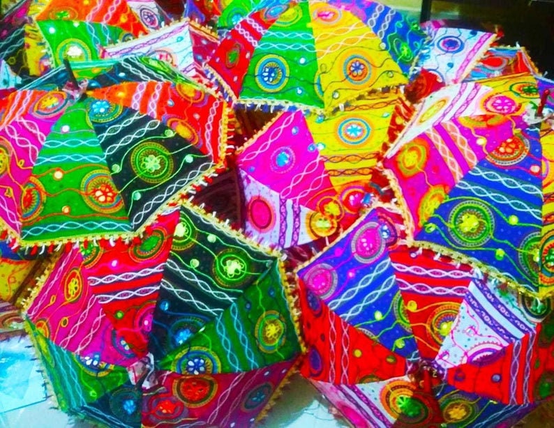 10 PC Indian Decorative Wedding Umbrella Women Sun Protection Parasols Sunshade Sunshade Brolly Canopy Umbrellas Embroidered Work Handmade