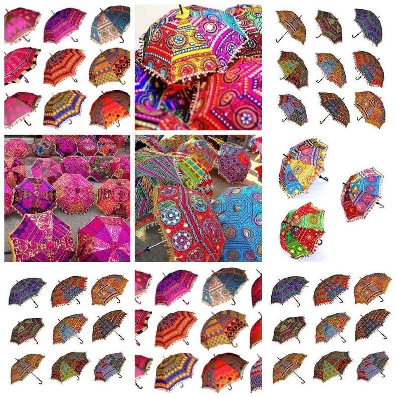 10 PC Indian Decorative Wedding Umbrella Women Sun Protection Parasols Sunshade Sunshade Brolly Canopy Umbrellas Embroidered Work Handmade