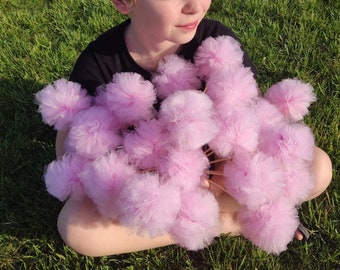 Bouquet de composition florale avec pompons en tulle rose clair, pompons sur bâton, pièce maîtresse de 2,5 po., décoration de fête faite main avec pompons en tulle, couleur personnalisée