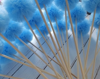 Tulle pompom light blue bouquet pom pom on stick 3" centerpiece Handmade Tulle pompom party decor Navy blue poms tulle Custom color