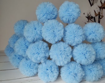 Bleu clair petit bureau décor tulle pom pom bouquet femmes bureau décor pompon sur bâton 3" arrangement floral centre de table décor de fête fait à la main