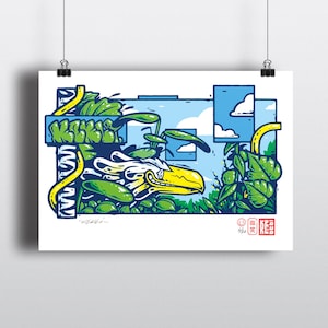 Peut inclure: Une affiche d'art colorée représentant un aigle stylisé avec un bec jaune et une tête blanche, sur fond de feuillage vert et de ciel bleu. L'œuvre utilise des lignes et des formes audacieuses, avec un accent jaune. L'impression comprend du texte et un tampon rouge.