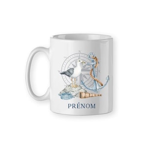 Caneca de âncora com tema de capitão gaivota para personalizar com seu primeiro nome, caneca de cerâmica náutica, presente para marinheiro, barco, tema mar oceano, bússola