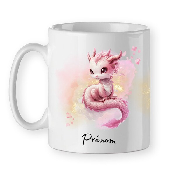 Mug dragon chinois rose fantasy tasse aquarelle personnalisé avec un prénom en céramique idée cadeau