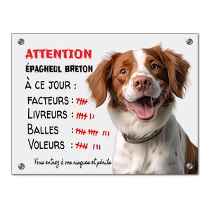 Plaque Epagneul Breton humour chien trophées monte la garde humour panneau attention au chien compte ses succès à ce jour pancarte aluminium