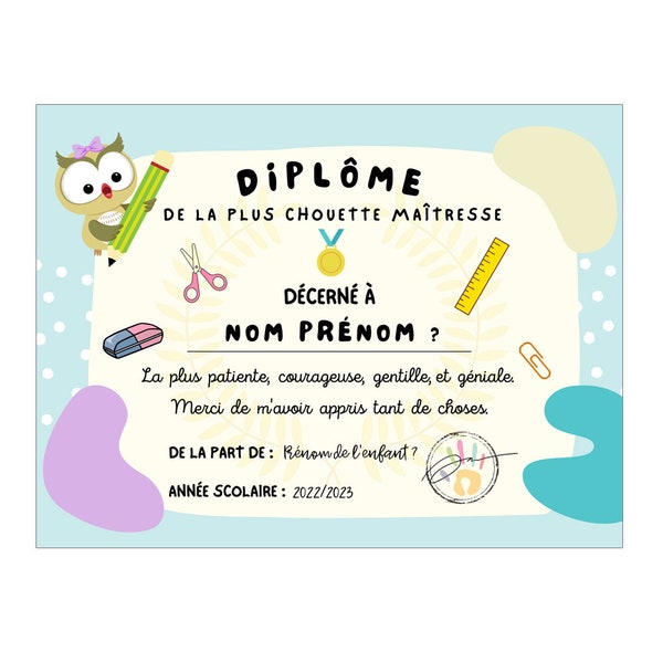 Diplôme chouette maîtresse sur plaque d'aluminium cadeau personnalisé élève pancarte panneau décoration 15x20cm