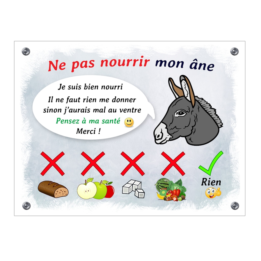 Plaque Panneau Ne pas nourrir pour des raisons de santé, âne, animal de la ferme, modèle 2