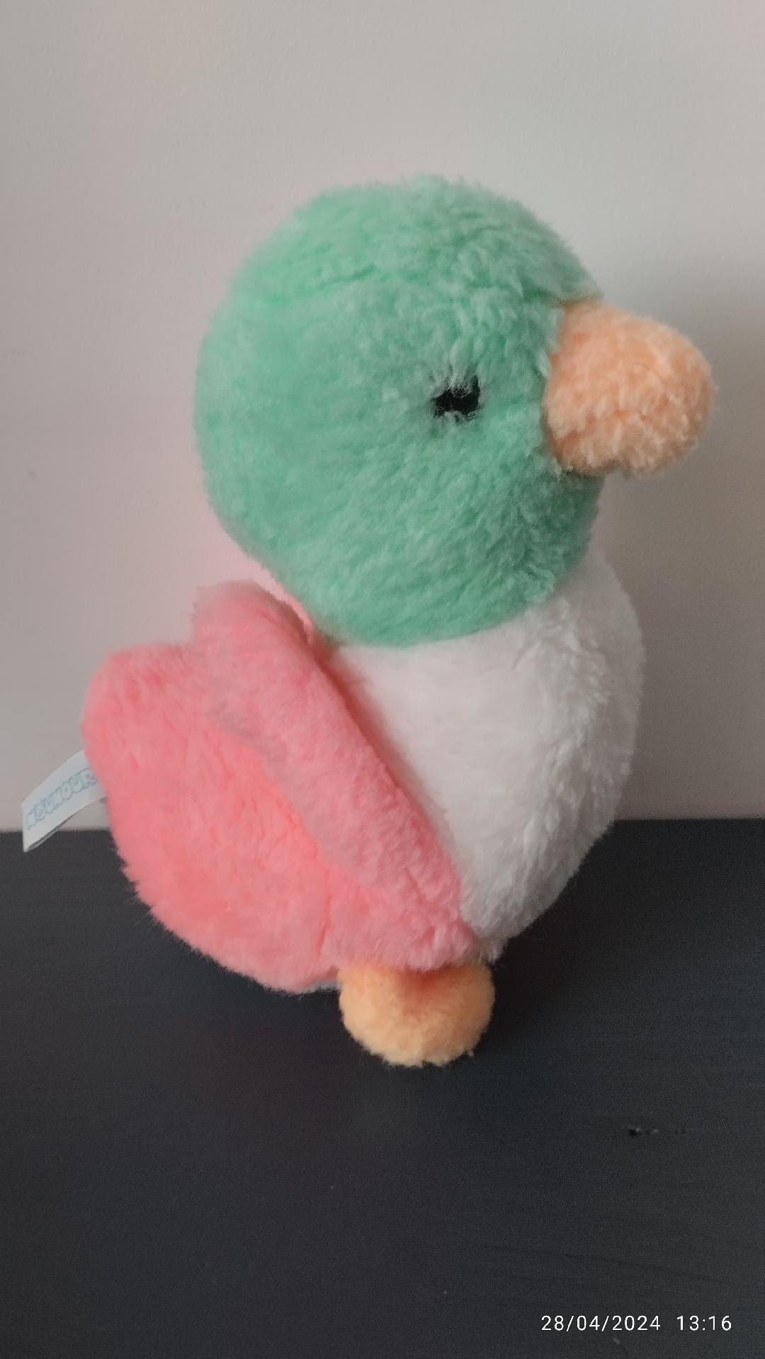 Doudou oiseau canard blanc bleu beige rayé J-LINE