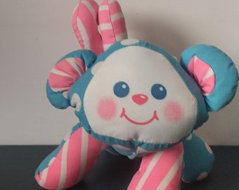 vintage comforter rattle monkey blue-pink-white Fisher Price