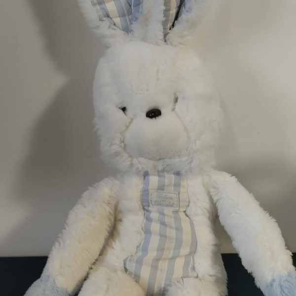 vintage grand doudou lapin blanc-bleu tartine et Chocolat