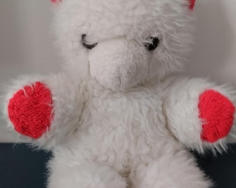 vintage soft toy white bear sitting red ends CP
