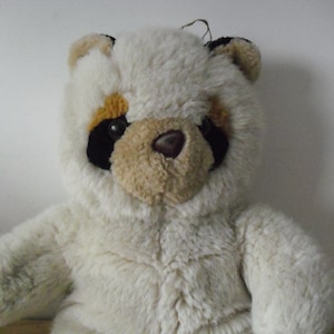 May include: A white plush teddy bear with black and brown eyes and a brown nose. The bear has a white fur coat and is sitting on a white background.
