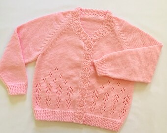 3 yr old Pale Pink Little Girls knitted Cardigan. Handmade Jumpers and Cardigans