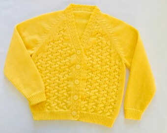 4 yr old Bright daffodil Yellow little Girls knitted Cardigan. Handmade Jumpers and Cardigans