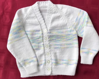 3 yr old. White and Multicolour  little Girls knitted Cardigan. Handmade Jumpers and Cardigans