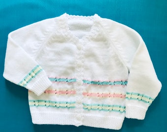 2 yr old White and colourful stripes little Girls cardigan. Handmade Jumpers and Cardigans