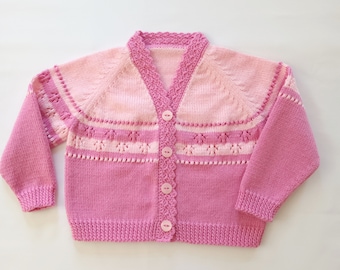 1 yr old Rose and Pale Pink Girls knitted Cardigan. Handmade Jumpers and Cardigans