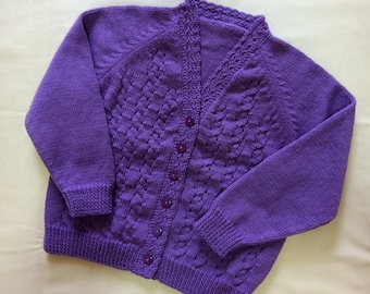 4 yr old BRIGHT PURPLE Girls handmade Cardigan with crochet edging.