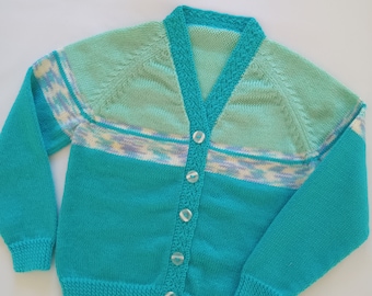 3 / 4 yr old Turquoise/multi/Green little Girls knitted Cardigan. Handmade Jumpers and Cardigans