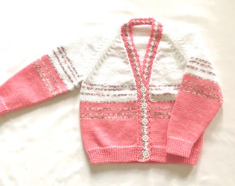 2-3 yr old. Salmon Pink, speckled and White little Girls Knitted Cardigan. Handmade Jumpers and Cardigans