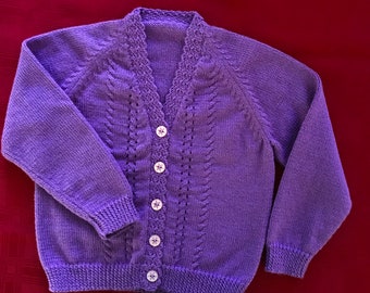 4yr old Bright Purple little Girls knitted Cardigan. Handmade Jumpers and Cardigans