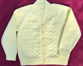 3 yr old. Pale Yellow little Girl's knitted Cardigan. Handmade Jumpers and Cardigans