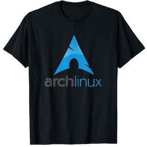 Peut inclure: T-shirt noir avec un logo Arch Linux bleu et le texte "archlinux" en gris.