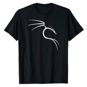 May include: Black t-shirt with a white stylized dragon logo. The logo is the official logo for the Kali Linux operating system.