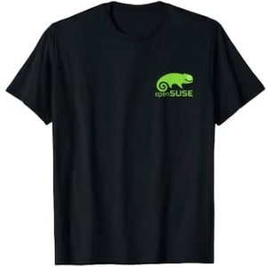 May include: Black t-shirt featuring a green chameleon logo and the text "openSUSE" on the upper left chest. The shirt has a crew neck and short sleeves. The design is a simple, modern graphic.