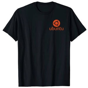 May include: Black t-shirt with an orange Ubuntu logo and the word "ubuntu" in orange text.