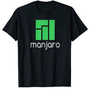 May include: Black t-shirt with a green logo of a square with four rectangles inside and the word "manjaro" in white text below.