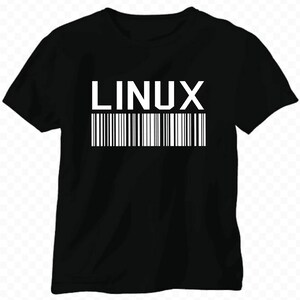 Peut inclure: T-shirt noir avec le texte blanc "LINUX" et un code-barres en dessous.