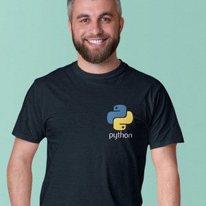 May include: A dark blue t-shirt with a yellow and blue Python logo and the word "python" printed below the logo.