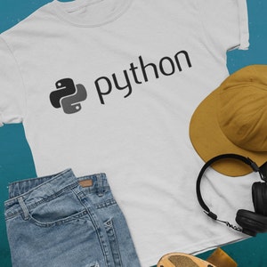 May include: White t-shirt with a black Python logo and the word "python" in black text.