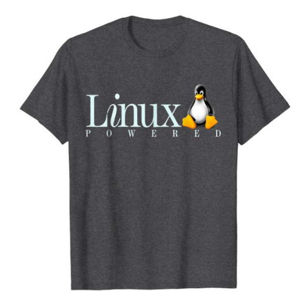 Linux Powered T-Shirt funny Tux Penguin tagline and Logo Open Source Os. Men Youth Girl Women Unisex tee More Colors and Sizes