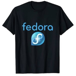 Op de afbeelding: Zwart t-shirt met het woord "fedora" in lichtblauw en een blauw-wit logo. Het logo is een gestileerde "f" in een blauwe cirkel. Het t-shirt is gemaakt van een zacht materiaal.
