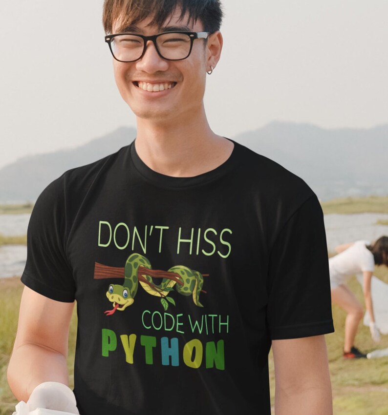 May include: Black t-shirt with a green snake graphic and the text "Don't hiss code with Python".