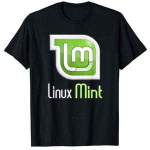 May include: Black t-shirt with a green and white Linux Mint logo and the text "Linux Mint" in white.