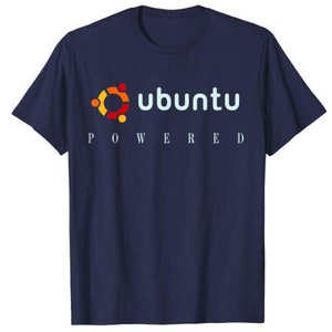 May include: A navy blue t-shirt with the Ubuntu logo and the text "powered" in white.