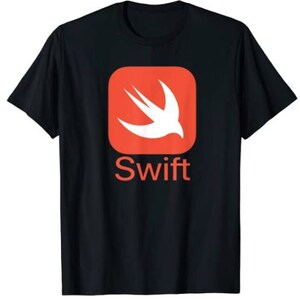 May include: Black t-shirt featuring the Swift logo. The logo is a white bird design inside a red square, with the word "Swift" in red below it. The shirt is a classic crew neck style.