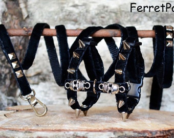 Ferret Harness Set With Leash Black Metal Skull Spikes Studs