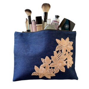 Bolsa cosmética grande, bolsa jeans, bolsa grande com zíper, bolsa bordada, bolsa grande, presente de aniversário, presentes de Natal para ela