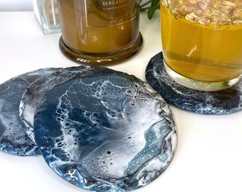 Resin Art Coasters set of 4, Round Slate Alcohol ink coasters, Ocean coffee table decor, New home gift, bar cart accessories, christmas gift
