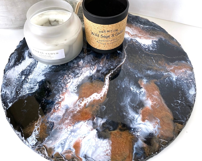 Black Coffee Table Centerpiece, Large Round Tray, Vanity Tray, Epoxy Resin Art Placemat, Candle