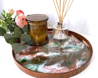 Large round decorative tray for coffee table, Resin Art Serving platter, Farmhouse Wooden ottoman tray, Earthy Home decor candle holder tray