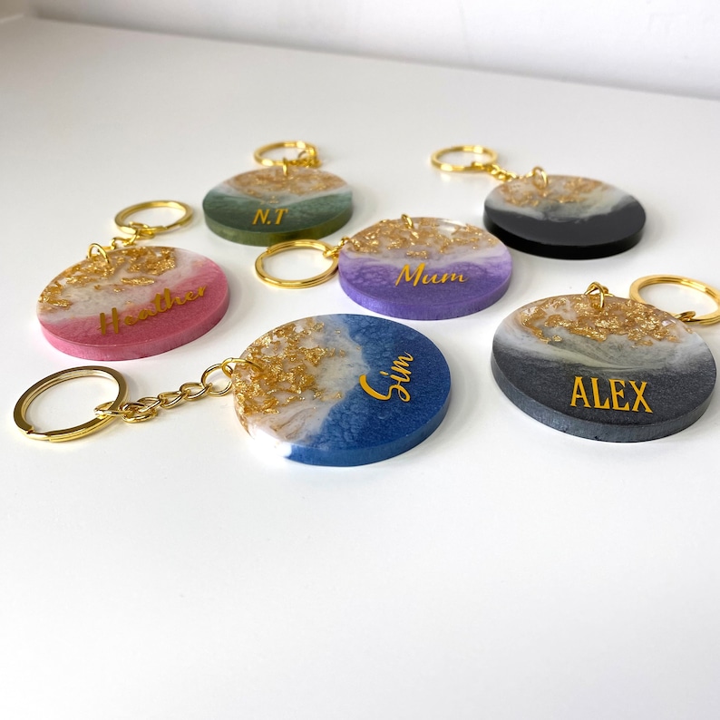 Personalised Resin Keyring With Gold Flakes, Custom Name Keychain, Cute