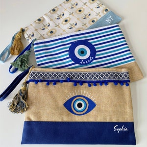 Bolso clutch personalizado de pulsera Evil Eye, bolso de playa monograma, bolso de maquillaje de lona, bolsa grande con cremallera, embrague boho, regalos únicos para ella