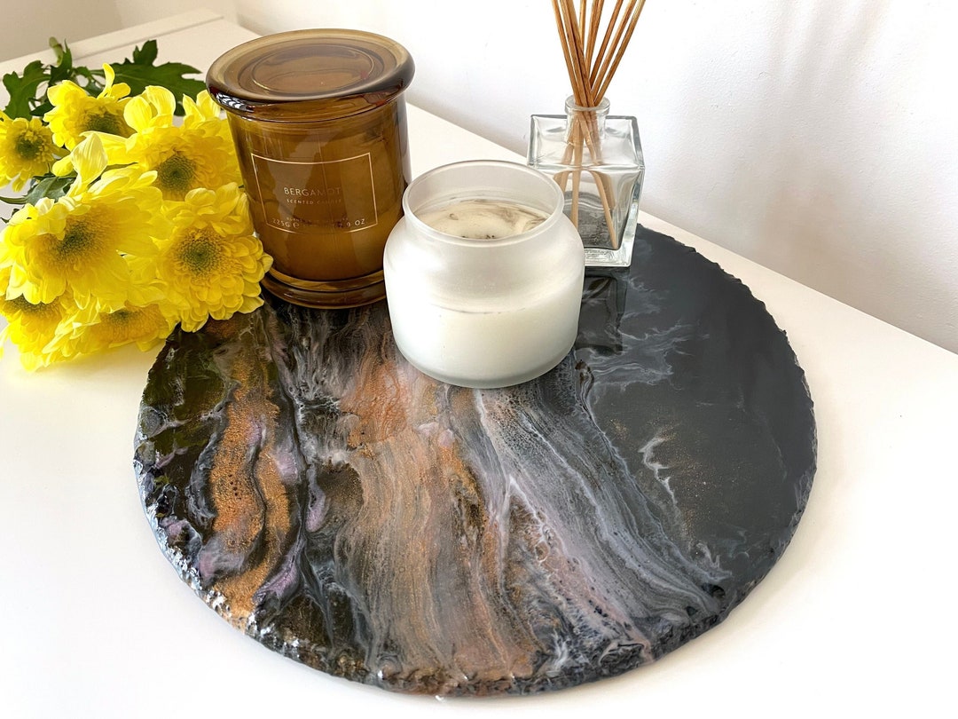 Black Decorative Tray for Coffee Table, Large Round Candle Dish, Resin Art Centerpiece, Slate