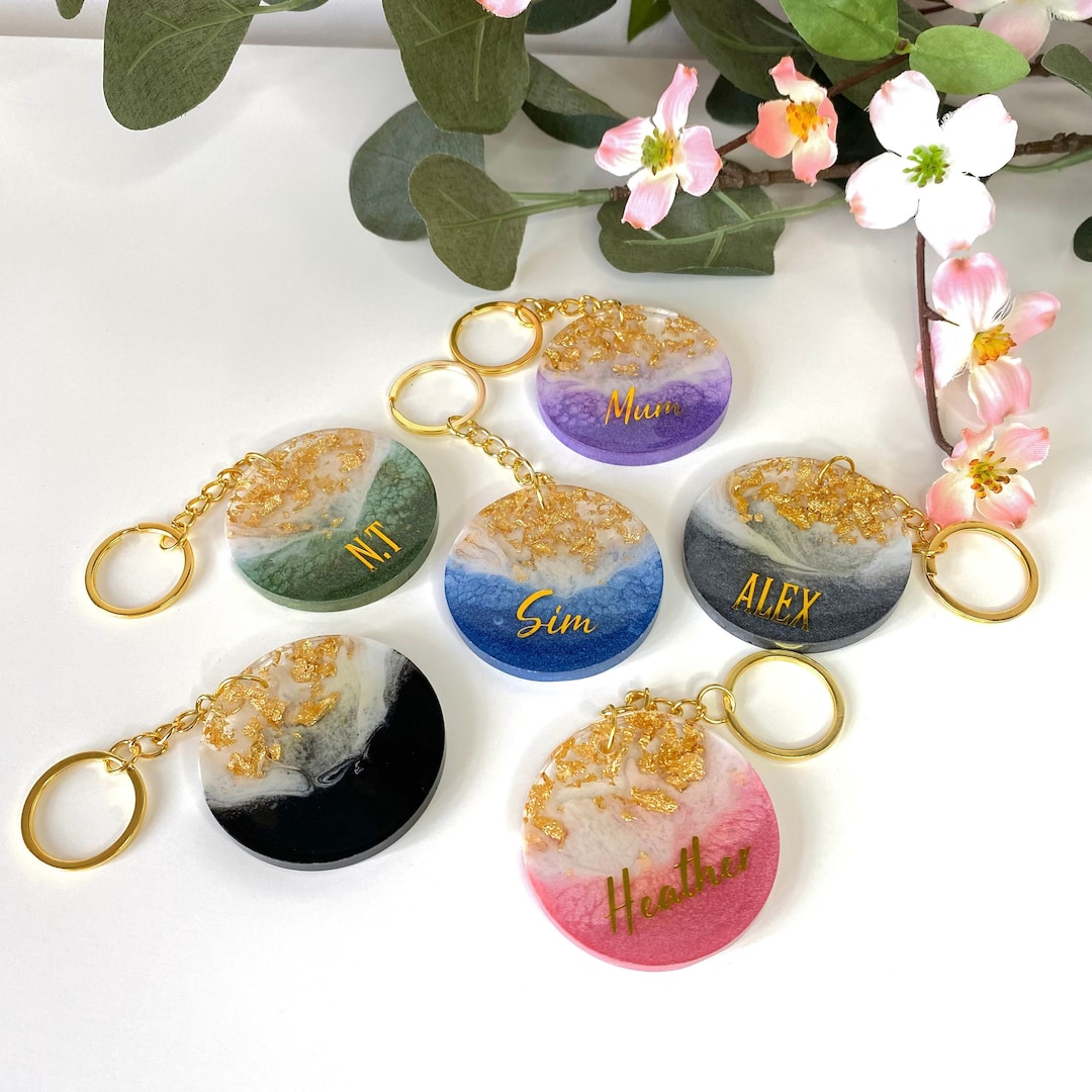 Personalised Resin Keyring With Gold Flakes, Custom Name Keychain, Cute